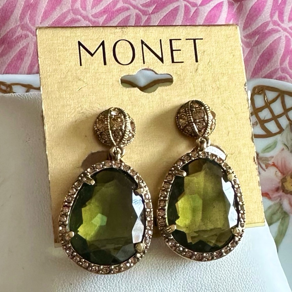 Monet Gold and Green Drop Earrings